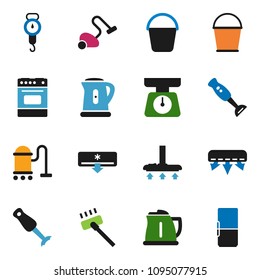 solid vector ixon set - vacuum cleaner vector, bucket, kettle, scales, oven, blender, air conditioner, fridge
