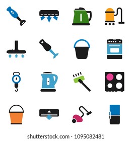 solid vector ixon set - vacuum cleaner vector, bucket, kettle, scales, oven, blender, air conditioner, fridge