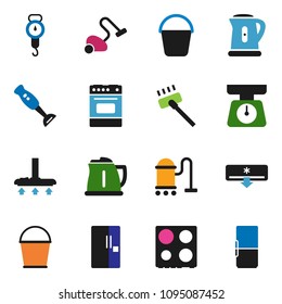 solid vector ixon set - vacuum cleaner vector, bucket, kettle, scales, oven, blender, air conditioner, fridge