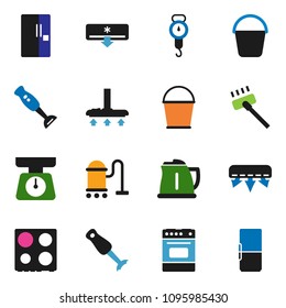 solid vector ixon set - vacuum cleaner vector, bucket, kettle, scales, oven, blender, air conditioner, fridge