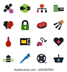 solid vector ixon set - vacuum cleaner vector, oil, microwave oven, steak, school building, pen, boxing glove, shuttlecock, satellite, film spool, heart cross, hierarchy, connection, lock, basket
