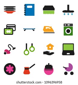 solid vector ixon set - vacuum cleaner vector, sponge, iron, washer, plates, house hold, turk coffee, copybook, credit card, skateboard, gymnast rings, notebook pc, ambulance star, lan connector