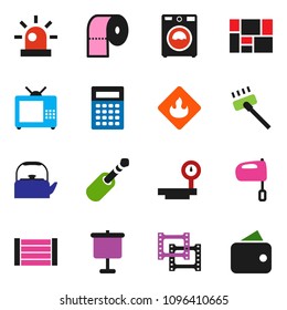 solid vector ixon set - vacuum cleaner vector, washer, toilet paper, kettle, mixer, calculator, presentation, wood box, consolidated cargo, flammable, big scales, film frame, jack, siren, tv, wallet