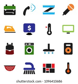 solid vector ixon set - vacuum cleaner vector, fetlock, iron, steaming, washer, colander, thermometer, backpack, monitor dollar, measuring, consolidated cargo, microphone, speaker