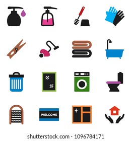 solid vector ixon set - vacuum cleaner vector, clothespin, towel, trash bin, window cleaning, welcome mat, bath, toilet, brush, washer, liquid soap, rubber glove, washboard, house hold