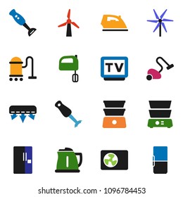 solid vector ixon set - vacuum cleaner vector, iron, kettle, mixer, double boiler, blender, tv, windmill, air conditioner, ari condition, fridge