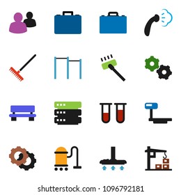 solid vector ixon set - vacuum cleaner vector, rake, steaming, case, horizontal bar, big scales, group, vial, data, gear, bench, construction crane