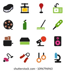 solid vector ixon set - vacuum cleaner vector, rake, sponge, cleaning agent, sink, cook press, toaster, hand trainer, punching bag, gymnast rings, film spool, microphone, speaker, thermometer