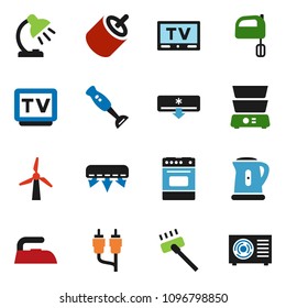 solid vector ixon set - vacuum cleaner vector, iron, kettle, mixer, oven, double boiler, blender, table lamp, tv, rca, windmill, air conditioner, ari condition