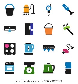 solid vector ixon set - vacuum cleaner vector, bucket, kettle, scales, oven, blender, air conditioner, fridge