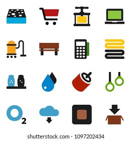 solid vector ixon set - vacuum cleaner vector, sponge, water drop, towel, cook press, spices, notebook pc, cart, gymnast rings, oxygen, stop button, rca, bench, cloud download, card reader, package