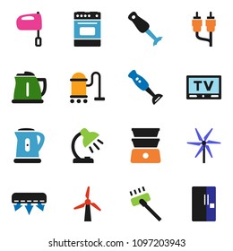solid vector ixon set - vacuum cleaner vector, kettle, mixer, oven, double boiler, blender, table lamp, tv, rca, windmill, air conditioner, fridge