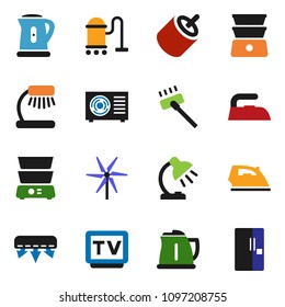 solid vector ixon set - vacuum cleaner vector, iron, kettle, double boiler, table lamp, tv, rca, windmill, air conditioner, ari condition, fridge