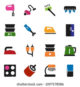 solid vector ixon set - vacuum cleaner vector, iron, kettle, mixer, oven, double boiler, blender, table lamp, rca, air conditioner, fridge