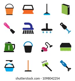 solid vector ixon set - vacuum cleaner vector, fetlock, mop, bucket, sponge, washing powder, kettle, spatula, blender