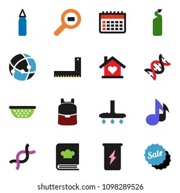 solid vector ixon set - vacuum cleaner vector, cleaning agent, colander, cookbook, corner ruler, backpack, music, punching bag, enegry drink, calendar, cargo search, dna, connection, love home, sale