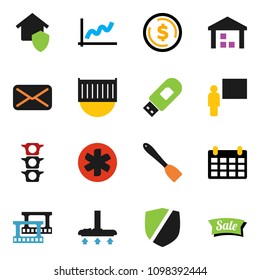 solid vector ixon set - vacuum cleaner vector, spatula, blackboard, dollar coin, graph, calendar, traffic light, sea container, warehouse, protected, film frame, mail, ambulance star, usb modem