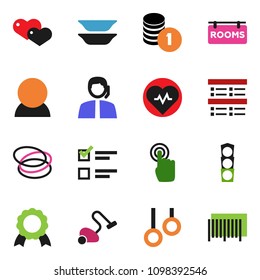 solid vector ixon set - vacuum cleaner vector, plates, medal, exam, coin stack, heart pulse, hoop, gymnast rings, traffic light, support, touchscreen, rooms signboard, consumer, barcode