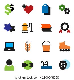 solid vector ixon set - vacuum cleaner vector, bucket, splotch, notebook pc, medal, dollar sign, roller Skates, cereals, heart cross, gear, connection, user, pool, shopping bag, signpost, shield