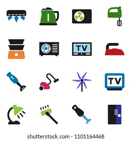 solid vector ixon set - vacuum cleaner vector, iron, kettle, mixer, double boiler, blender, table lamp, tv, windmill, air conditioner, ari condition, fridge