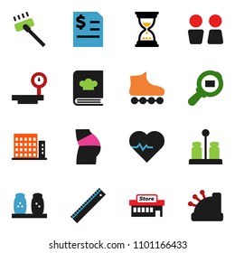 solid vector ixon set - vacuum cleaner vector, water closet, cookbook, spices, ruler, annual report, sand clock, heart pulse, buttocks, roller Skates, big scales, cargo search, apartments, mall