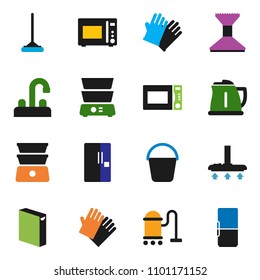solid vector ixon set - vacuum cleaner vector, mop, bucket, car fetlock, washing powder, rubber glove, water tap, kettle, microwave oven, double boiler, fridge