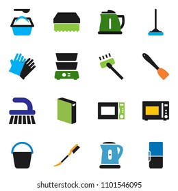 solid vector ixon set - vacuum cleaner vector, fetlock, mop, bucket, sponge, car, washing powder, rubber glove, kettle, spatula, microwave oven, double boiler, fridge