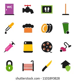 solid vector ixon set - vacuum cleaner vector, mop, trash bin, water tap, welcome mat, plates, closet, cook hat, knife, cutting board, film spool, syringe, dropper, lock, crib, home protect