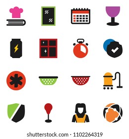 solid vector ixon set - vacuum cleaner vector, window cleaning, shining, woman, colander, cook timer, cookbook, punching bag, enegry drink, calendar, glass, protected, ambulance star, connection