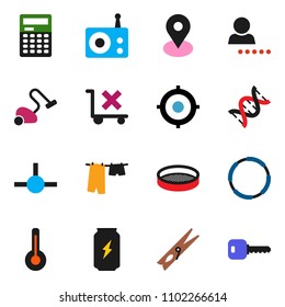 solid vector ixon set - vacuum cleaner vector, clothespin, drying clothes, sieve, calculator, target, enegry drink, hoop, map pin, no trolley, radio, thermometer, dna, connect, login, key