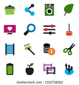 solid vector ixon set - vacuum cleaner vector, scoop, washer, washboard, pan, apple fruit, scissors, magnifier, leaf, coin stack, molecule, heart monitor, film frame, battery, equalizer, route arrow