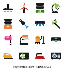 solid vector ixon set - vacuum cleaner vector, iron, mixer, double boiler, blender, table lamp, windmill, air conditioner, ari condition