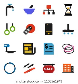solid vector ixon set - vacuum cleaner vector, annual report, sand clock, stairways run, hoop, gymnast rings, big scales, barcode, newspaper, mobile phone, mortar, hierarchy, water supply