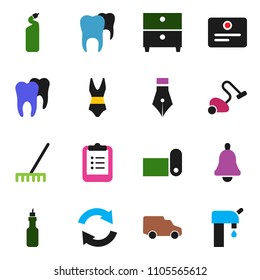 solid vector ixon set - vacuum cleaner vector, rake, cleaning agent, oil, pen, bell, clipboard, certificate, archive, swimsuite, fitness mat, car, tooth, refresh, water supply