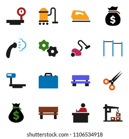 solid vector ixon set - vacuum cleaner vector, iron, steaming, student, case, money bag, horizontal bar, big scales, scissors, gear, bench, construction crane