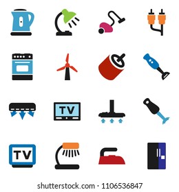 solid vector ixon set - vacuum cleaner vector, iron, kettle, oven, blender, table lamp, tv, rca, windmill, air conditioner, fridge