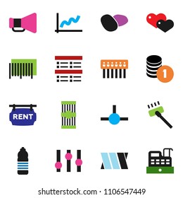 solid vector ixon set - vacuum cleaner vector, pasta, potato, exam, graph, coin stack, water bottle, loudspeaker, settings, heart, bandage, connect, hub, rent signboard, barcode, cashbox
