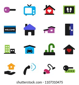 solid vector ixon set - vacuum cleaner vector, welcome mat, steaming, house hold, water tap, tv, home, key, cottage, garage, apartments, love, fridge, password