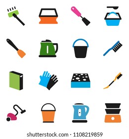 solid vector ixon set - vacuum cleaner vector, fetlock, bucket, sponge, car, washing powder, rubber glove, kettle, spatula, double boiler