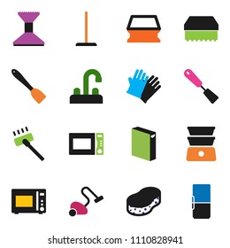 solid vector ixon set - vacuum cleaner vector, mop, sponge, car fetlock, washing powder, rubber glove, water tap, spatula, microwave oven, double boiler, fridge