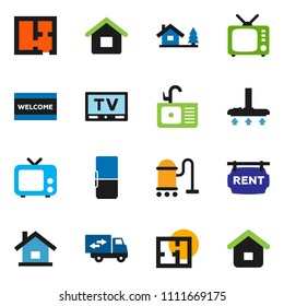 solid vector ixon set - vacuum cleaner vector, welcome mat, sink, tv, house, chalet, plan, rent signboard, relocation truck, fridge, home
