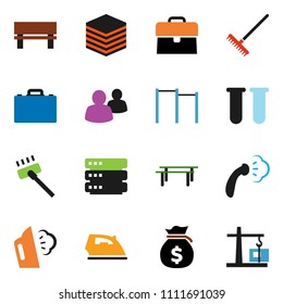 solid vector ixon set - vacuum cleaner vector, rake, iron, steaming, case, money bag, horizontal bar, group, vial, big data, bench, construction crane