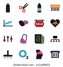 solid vector ixon set - vacuum cleaner vector, potato, graph, hierarchy, buttocks, water bottle, oxygen, newspaper, settings, heart pulse, scissors, bandage, hub, sale signboard, receipt