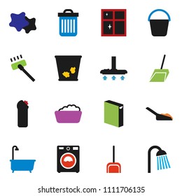 solid vector ixon set - vacuum cleaner vector, scoop, bucket, trash bin, splotch, bath, washer, foam basin, washing powder, cleaning agent, shining window, shower
