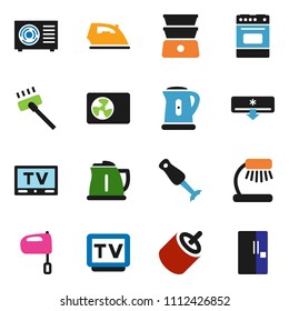 solid vector ixon set - vacuum cleaner vector, iron, kettle, mixer, oven, double boiler, blender, table lamp, tv, rca, air conditioner, ari condition, fridge