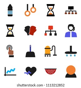 solid vector ixon set - vacuum cleaner vector, scoop, colander, graph, sand clock, hierarchy, boxing glove, water bottle, gymnast rings, support, touchscreen, heart pulse, consumer