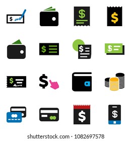 solid vector ixon set - wallet vector, coin stack, check, receipt, dollar cursor, credit card, tap pay