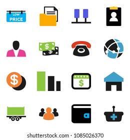 solid vector ixon set - wallet vector, personal information, dollar calendar, truck trailer, document, sorting, group, connection, server, home, low price signboard, consumer, phone, coin, cash