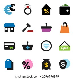 solid vector ixon set - wallet vector, percent growth, euro sign, office, credit card, money bag, open, shopping, basket, auction, diamond ring, dollar shield