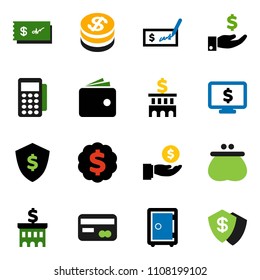 solid vector ixon set - wallet vector, investment, check, bank building, dollar medal, shield, safe, monitor, credit card, coin, reader